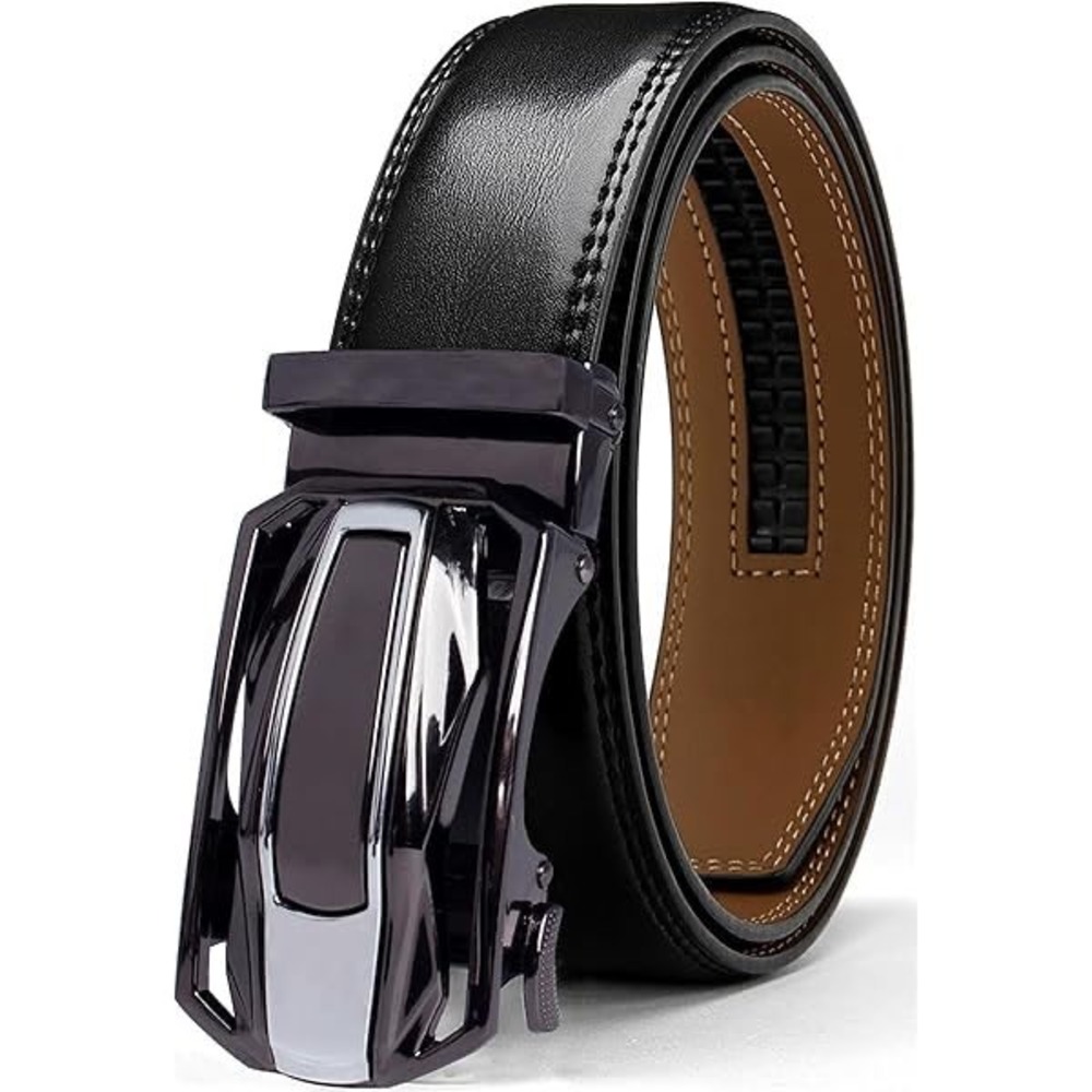Black Faux Leather Ratchet Belt Gunmetal Automatic Slide Buckle Adjustable Dress